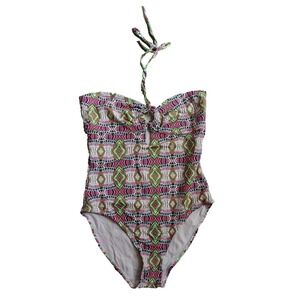Ondademar One Piece Halter Swimsuit‎ Medium Womens Pink Green Geometric